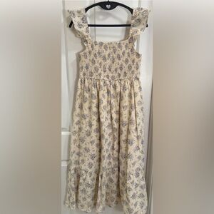 Storia Cottagecore Floral Smocked Midi Dress M Ruffle Strap Cream Blue